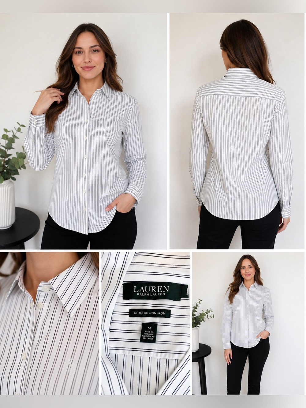 Lauren Ralph Lauren Stretch Non-Iron Shirt Women’s M White Black Stripe Cotton